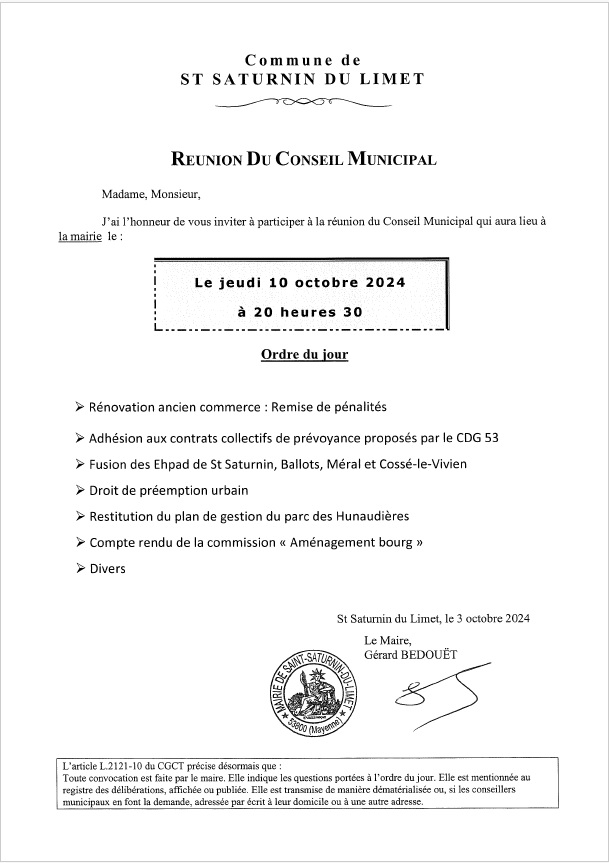 Convocation Conseil municipal10/10/2024