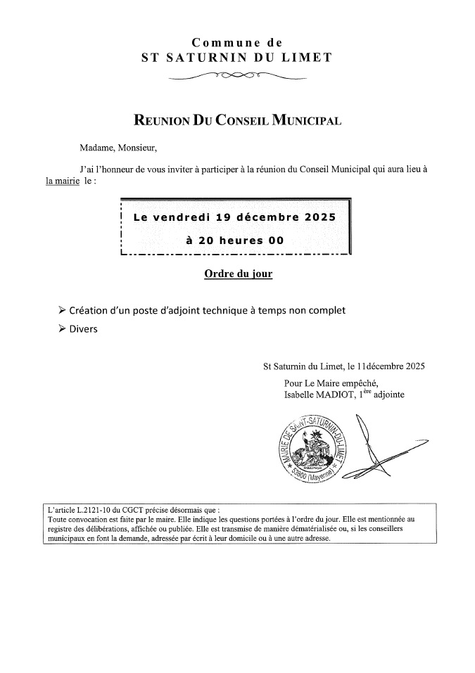 Convocation conseil municipal 19/12/2025