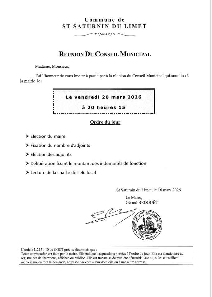 Convocation conseil municipal 20/03/2026