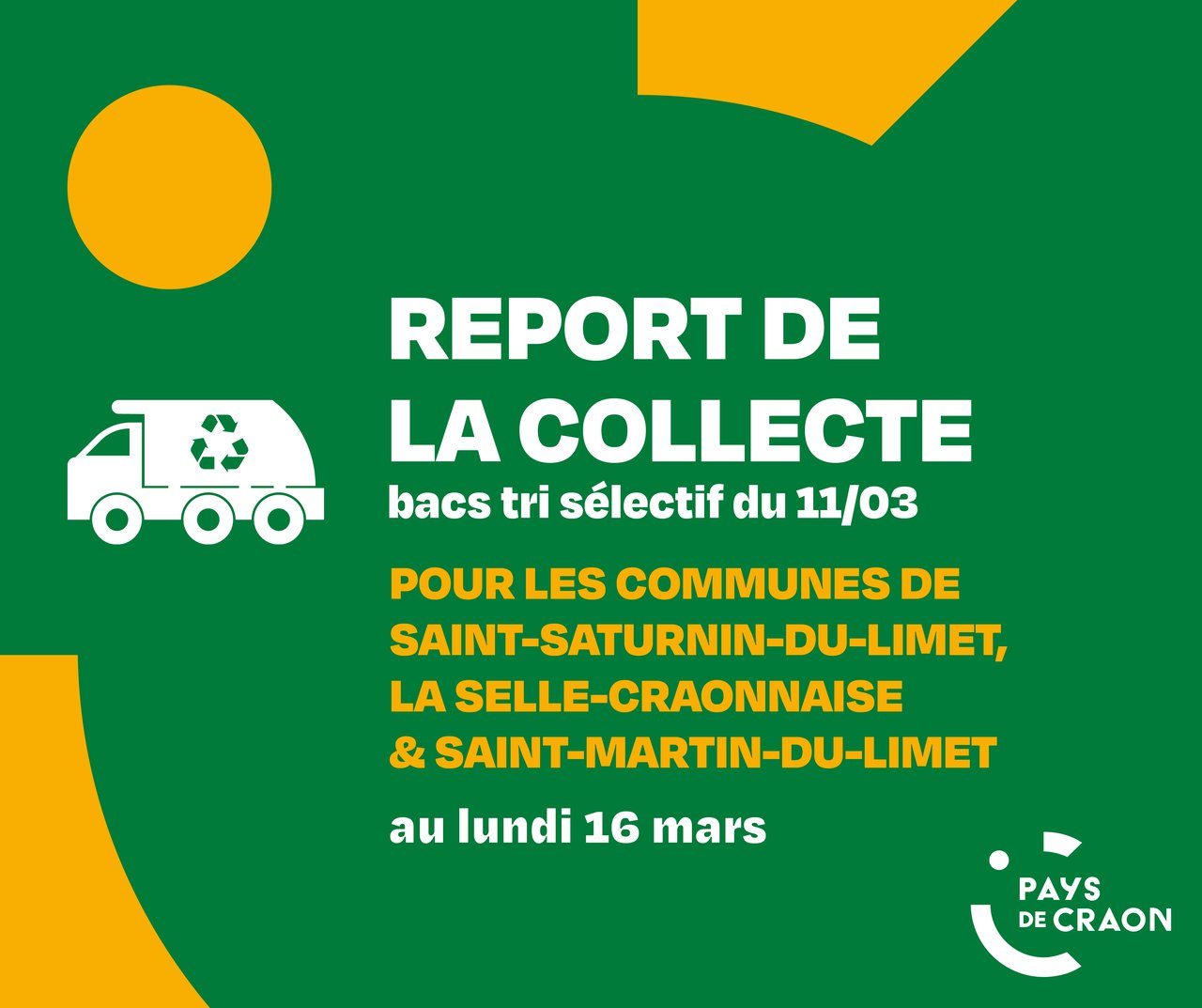 Report de la collecte bac tri sélectif du 11/03 au lundi 16 Mars
