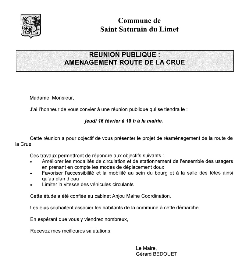 Réunion publique Jeudi 16 Février Aménagement route de la Crue