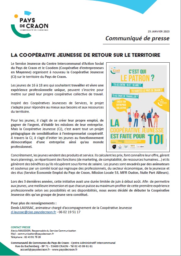 Coopérative jeunesse de retour sur le territoire Pays de Craon